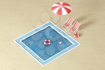 A swimming pool on the sand beach, 3d rendering. Computer digital drawing.