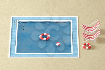 A swimming pool on the sand beach, 3d rendering. Computer digital drawing.