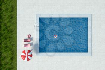 A swimming pool on a clear day, 3d rendering. Computer digital drawing.