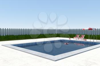 A swimming pool on a clear day, 3d rendering. Computer digital drawing.