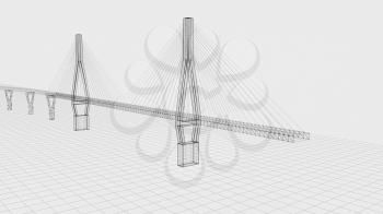 Sketch lines of suspension bridge, 3d rendering. Computer digital drawing.