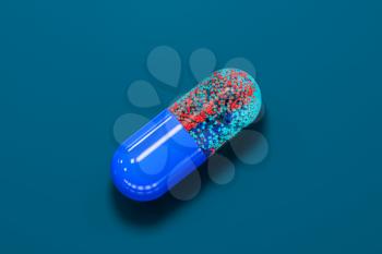 Capsule with particles inside with blue background, 3d rendering. Computer digital drawing.