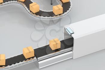 Transmitting of packaging box on the conveyor belt, 3d rendering. Computer digital drawing.