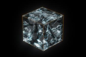 Glass cube with glowing particles inside, 3d rendering. Computer digital drawing.