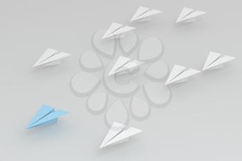 Blue paper plane white ones on white background, 3d rendering. Computer digital drawing.