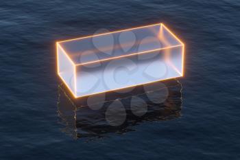 Floating transparent cubes over the ocean, 3d rendering. Computer digital drawing.