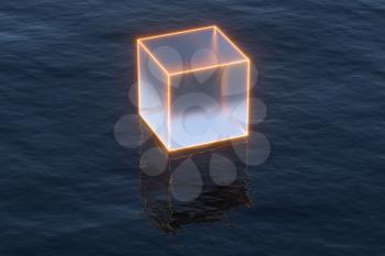 Floating transparent cubes over the ocean, 3d rendering. Computer digital drawing.