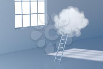 Conceptual room with a ladder lead to the cloud, 3d rendering. Computer digital drawing.