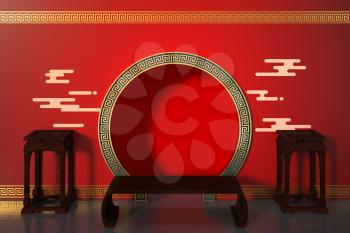 Chinese style red background, festival decoration, 3d rendering. Computer digital drawing.