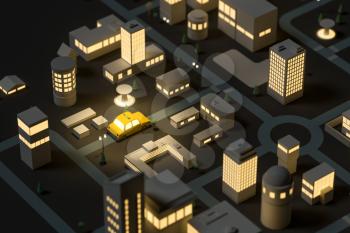 Mini-city with glowing lights, a taxi driving on the street, 3d rendering. Computer digital drawing.