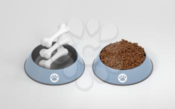 Pet food and bone, pet nutrition diet, 3d rendering. Computer digital drawing.