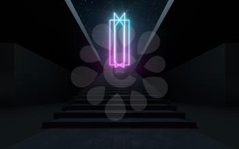 Large steps with glowing neon lines, 3d rendering. Computer digital drawing.