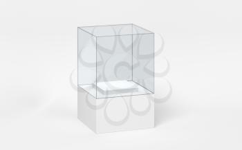 Empty glass showcase, 3d rendering. Computer digital drawing.