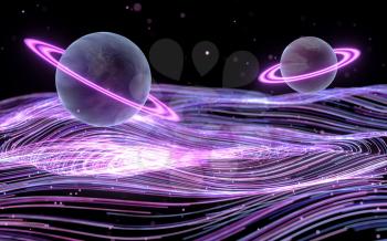 Planets with purple curve vortex lines, 3d rendering. Computer digital drawing.