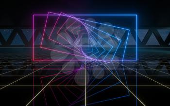 Dark outer space room with neon lights, 3d rendering. Computer digital drawing.