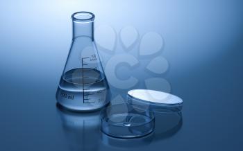 Glassware in the laboratory, 3d rendering. Computer digital drawing.