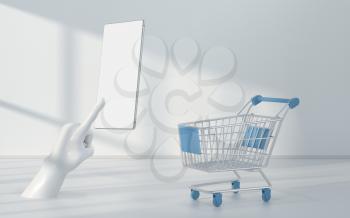 Shopping cart and phone with white background, 3d rendering. Computer digital drawing.