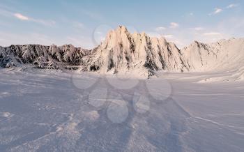 Snowy mountains background, 3d rendering. Computer digital drawing.