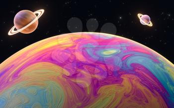 Colorful planet with black background, 3d rendering. Computer digital drawing.