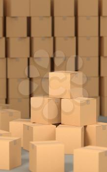 Cartons stacked together, factory warehouse, 3d rendering. Computer digital drawing.