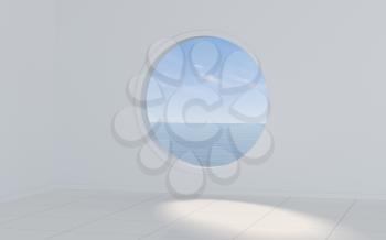 Empty white room with round window, 3d rendering. Computer digital drawing.