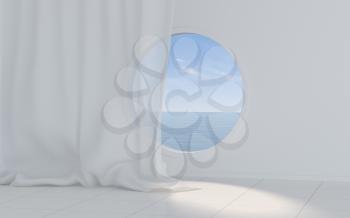 Empty white room with round window, 3d rendering. Computer digital drawing.