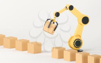 The robotic arm picks up the box, 3d rendering. Computer digital drawing.