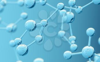 Chemical molecule with blue background, 3d rendering. Computer digital drawing.