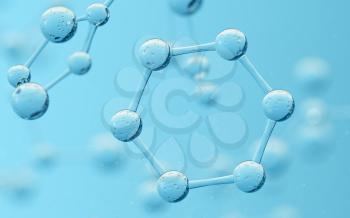 Chemical molecule with blue background, 3d rendering. Computer digital drawing.