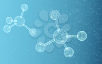 Chemical molecule with blue background, 3d rendering. Computer digital drawing.