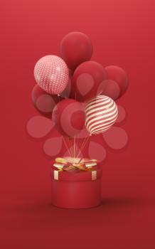 Balloons and Presents with red background, 3d rendering. Computer digital drawing.