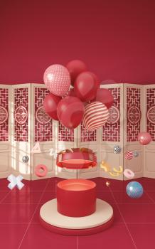 Balloons and Presents with red background, 3d rendering. Computer digital drawing.