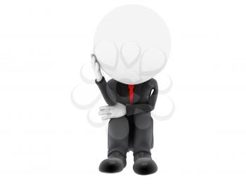 Sad 3d man sitting isolated on white background 