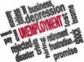 Unemployment concept. Jobless word cloud. 3d