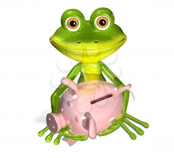 3d illustration merry green frog with piggy bank