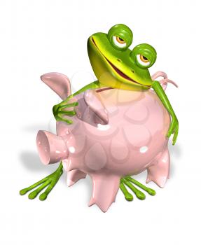 3d illustration merry green frog with piggy bank