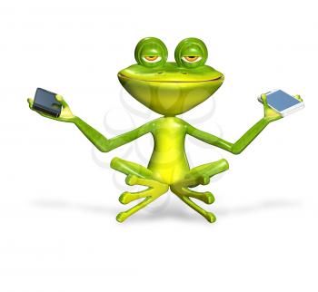 Royalty Free Clipart Image of a Frog Holding Two Cellphones