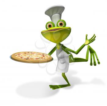 Royalty Free Clipart Image of a Frog Holding a Pizza