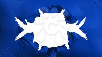 Deep blue color flag with a big hole, white background, 3d rendering