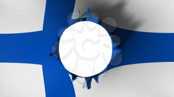 Hole cut in the flag of Finland, white background, 3d rendering