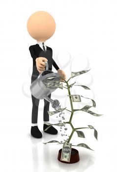 Royalty Free Clipart Image of a Man Watering a Money Plant