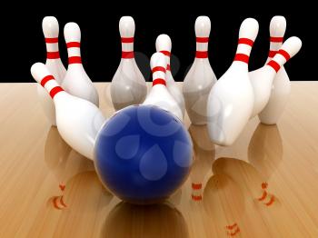 Royalty Free Clipart Image of a Bowling Ball and Pins