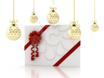 Royalty Free Clipart Image of a Greeting Card and Christmas Ornaments