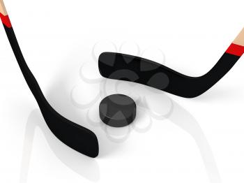 close up of an ice hockey stick and puck isolated on white background