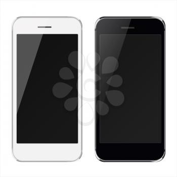 Realistic black and white mobile phones with black screen isolated on white background. Highly detailed illustration.