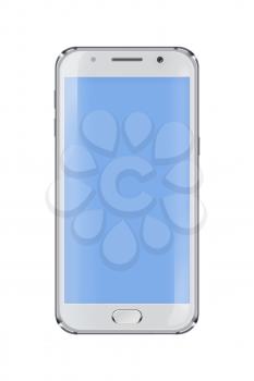 Realistic mobile phone with blue screen isolated on white background. Highly detailed illustration.