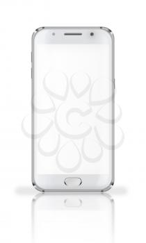 Realistic mobile phone with blank screen, reflection and shadows isolated on white background. Highly detailed illustration.