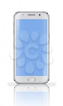 Realistic mobile phone with blue screen, reflection and shadows isolated on white background. Highly detailed illustration.