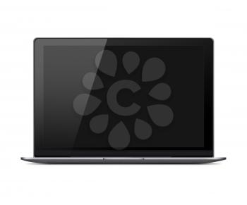 Modern glossy laptop with black screen and shadows isolated on white background. Highly detailed illustration.
