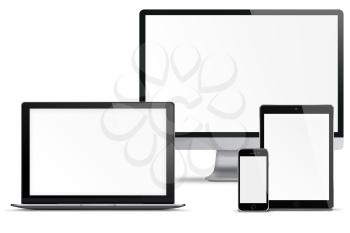 Computer monitor, mobile phone, smartphone, laptop and tablet pc with blank screen isolated on white background. Highly detailed illustration.